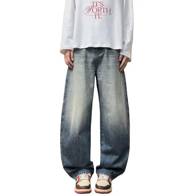 么宁 秋冬季美式高街复古水洗弯刀裤简约百搭舒适透气个性痞帅休闲牛仔裤 男女同款