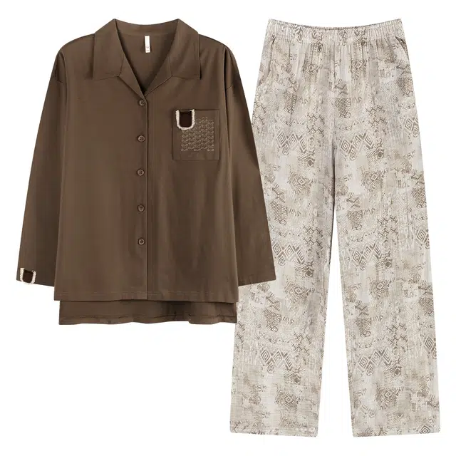 俏薇妮 柔软舒适春秋季纯棉纱布简约可外穿高级睡衣套装 女款