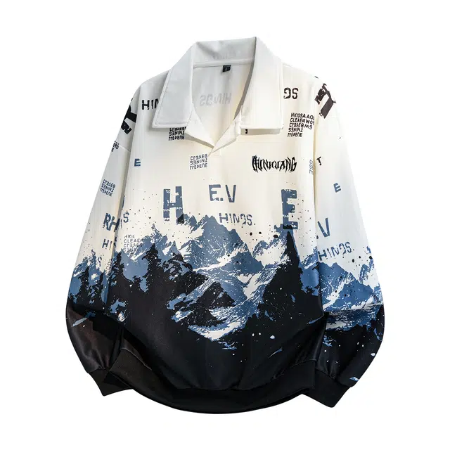 敦煌博物馆 美式复古潮流雪山川字母满印渐变设计宽松百搭户外运动舒适透气休闲翻领卫衣 男女同款