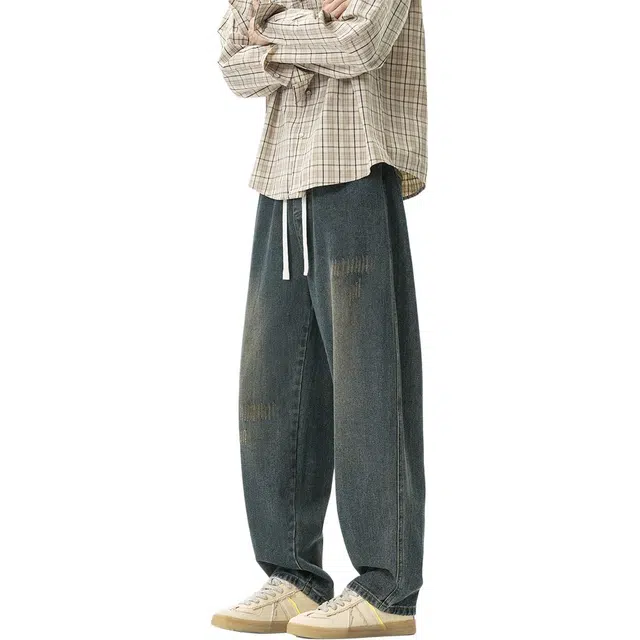 瑞梵帝斯 秋季美式复古高街做旧水洗松紧抽绳舒适柔软不硬直筒裤日常通勤百搭休闲宽松时尚潮流街头痞帅牛仔裤 男款