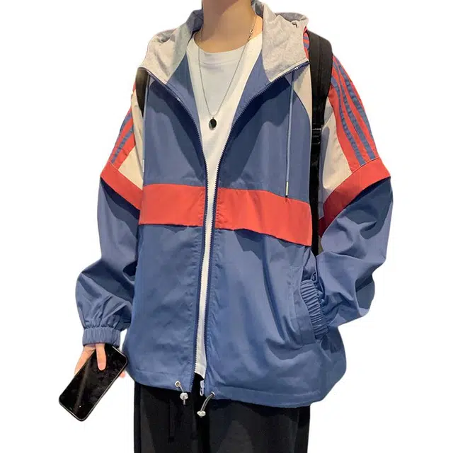 顶峰保罗 美式条纹拼接撞色高级设计感宽松休闲上衣外套秋冬季情侣款潮流百搭运动连帽夹克 男女同款