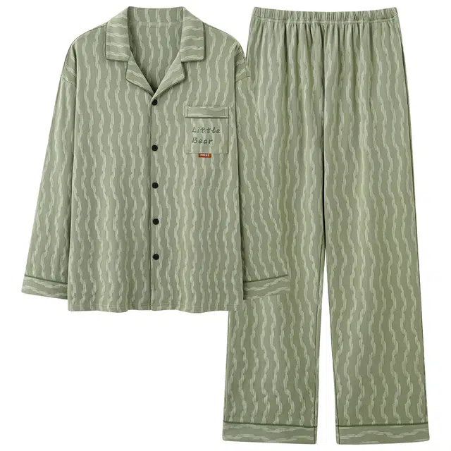 俏霓桐 时尚条纹纯棉亲肤翻领高颜值舒适休闲简约长袖长裤家居服可外穿睡衣套装 男款