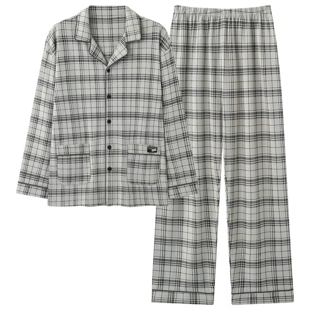 俏霓桐 时尚简约纯棉亲肤柔软休闲格子舒适宽松翻领长袖长裤家居服可外穿睡衣套装 男款
