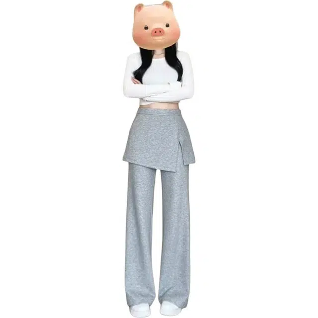 欧迪芬 拼接开叉显瘦通勤风宽松高腰长裤休闲裤 女款