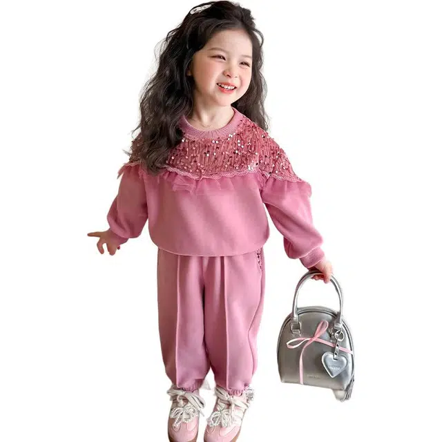 帕兰朵休闲运动套装 潮流时尚百搭宽松舒适可爱女孩设计感视觉系亮片网纱两件套 中小童