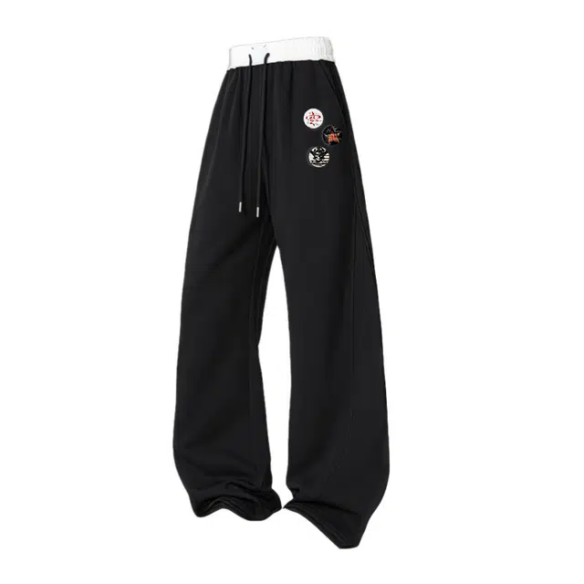 半空山 复古基础款撞色拼接结构款弯刀重磅阔腿卫裤可拆卸品牌扣美式高街直筒宽松垂感百搭运动休闲裤 男女同款