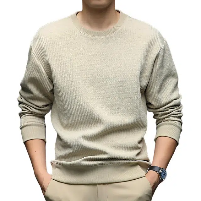 卡丹狄诺 长绒棉宽松休闲秋冬季坑条设计长袖男轻奢品质户外潮流百搭纯色上衣打底衫男圆领卫衣 男女同款