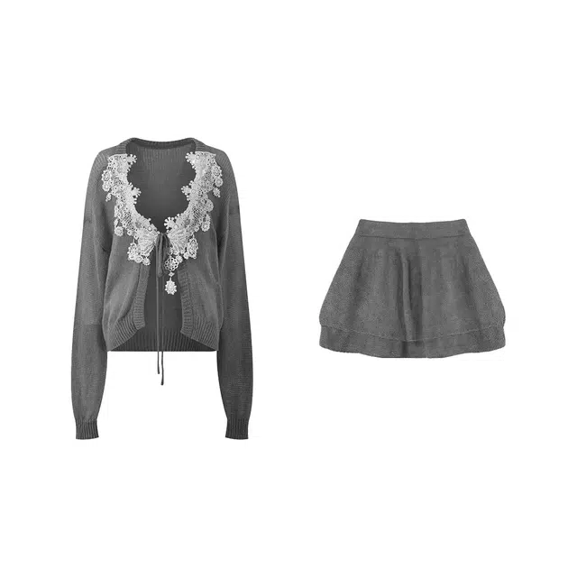敲模女孩 学院慵懒风针织上衣高腰公主蓬蓬短裙裙装套装 女款