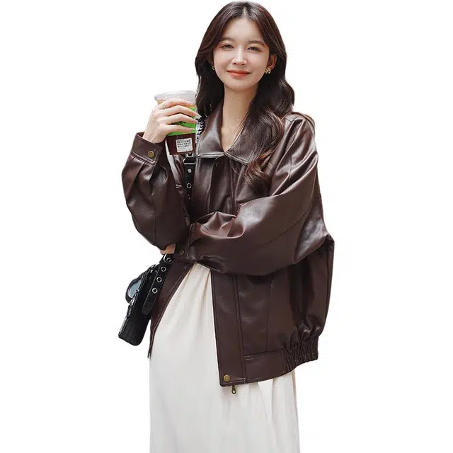 稻草人 复古舒适立领时尚韩版宽松休闲中长款秋冬皮衣 女款