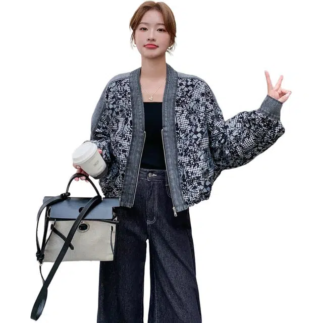 稻草人 时尚格纹宽松休闲高级感板球领短款秋冬截短外套 女款