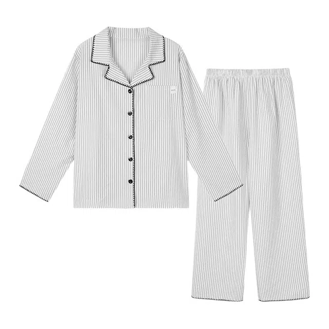 橡柠派 简约条纹长袖长裤舒适亲肤休闲宽松两件套居家服气质高级感高颜值时尚睡衣套装 女款
