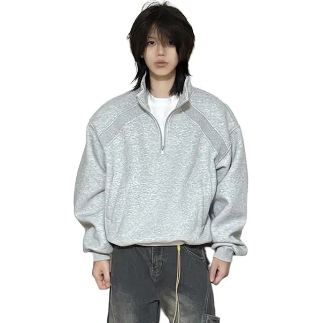 黑马漫画 美式半上衣男秋季螺纹拼接正肩运动外套半拉链卫衣 男女同款