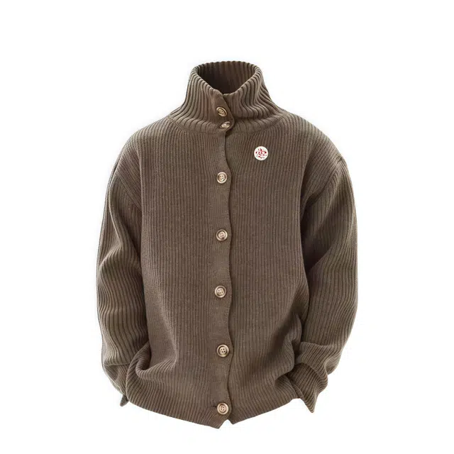 半空山 美式复古高街纯色老钱风慵懒风纽扣立领北极绒潮流时尚百搭宽松舒适开衫针织衫 男女同款