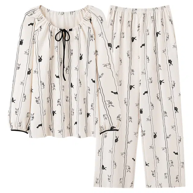 俏霓桐 甜美可爱小兔纯棉亲肤圆领简约蝴蝶结休闲长袖长裤家居服可外穿睡衣套装 女款