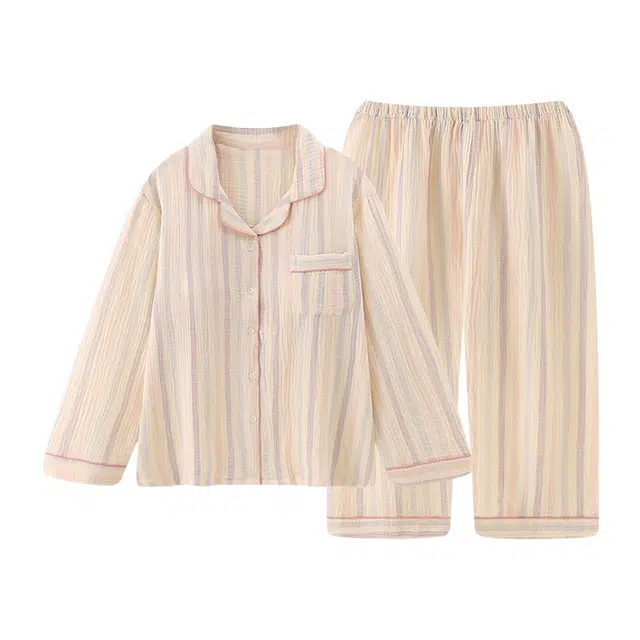 橡柠派 长袖长裤简约两件套甜美高级感条纹高颜值开衫学院风宿舍大码宽松睡衣套装 女款