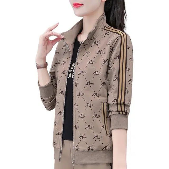 缪斯的诱惑 经典优雅时尚潮流满印字母印花简约休闲百搭软壳衣日常通勤棉质舒适柔软拼接条纹拉链开衫针织运动棒球上衣立领夹克外套 女款