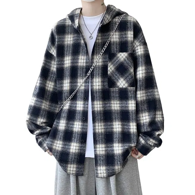 顶峰保罗 美式复古潮牌黑白格连帽衬衣无性别主义慵懒松弛休闲宽松大码夹克外套简约百搭显高显瘦长袖衬衫 男女同款