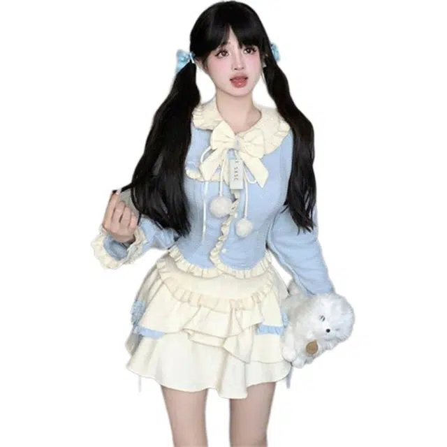 丝絮丝绸 秋冬甜美小香风蝴蝶结上衣蓬蓬蛋糕短裙显瘦两件套裙装套装 女款