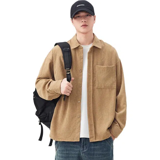 么宁 秋冬季灯芯绒纯色慵懒风休闲外套宽松翻领上衣舒适透气个性时尚衬衫 男女同款