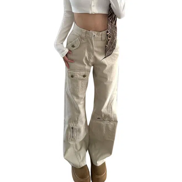 小卷要加油 美式高街纯色白色牛仔裤女夏季薄款高腰显瘦不贴腿微喇裤工装裤 女款