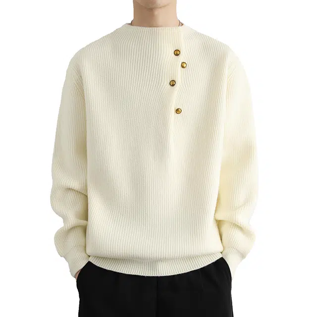 百胜狐 百胜狐设计款半高领男士秋冬季加厚纽扣保暖打底衫线衣男纯色针织衫 男款