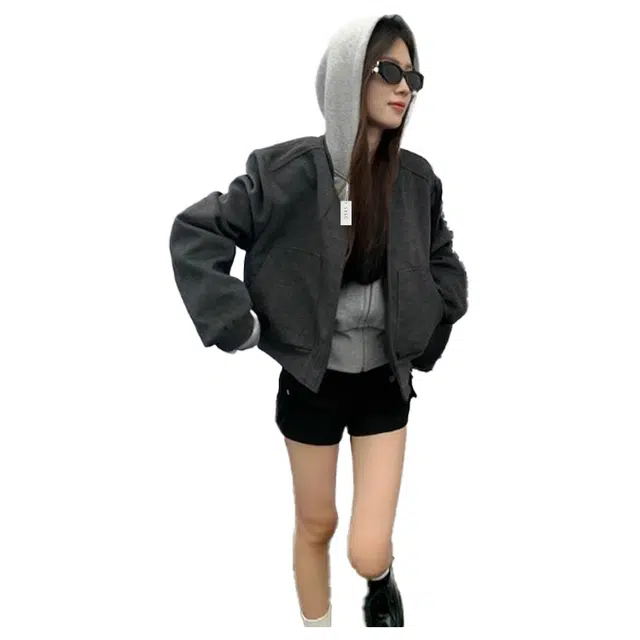 丝絮丝绸 初秋冬穿搭高级感宽松休闲复古连帽拼接上衣截短外套 女款