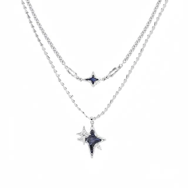 阿葱饰品 蓝色四芒星 时尚优雅双层叠戴锁骨链 甜酷辣妹精致独特个性简约百搭首饰颈链 合金 项链 女款