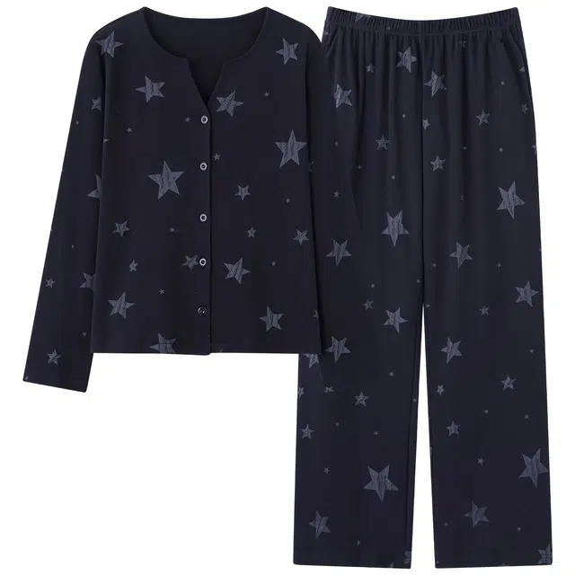 俏霓桐 甜美星星短款纯棉亲肤带胸垫简约可爱休闲清新长袖长裤家居服可外穿睡衣套装 女款