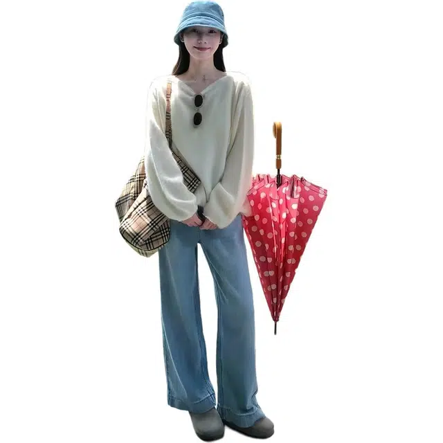 沐晓欣 入秋韩系高级感穿搭一整套针织衫毛衣牛仔裤两件套女休闲套装 女款