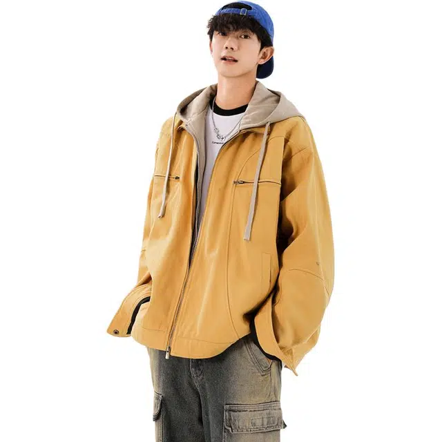 左岸 假两件工装外套男春秋季美式潮牌上衣秋冬款连帽休闲夹克 男款