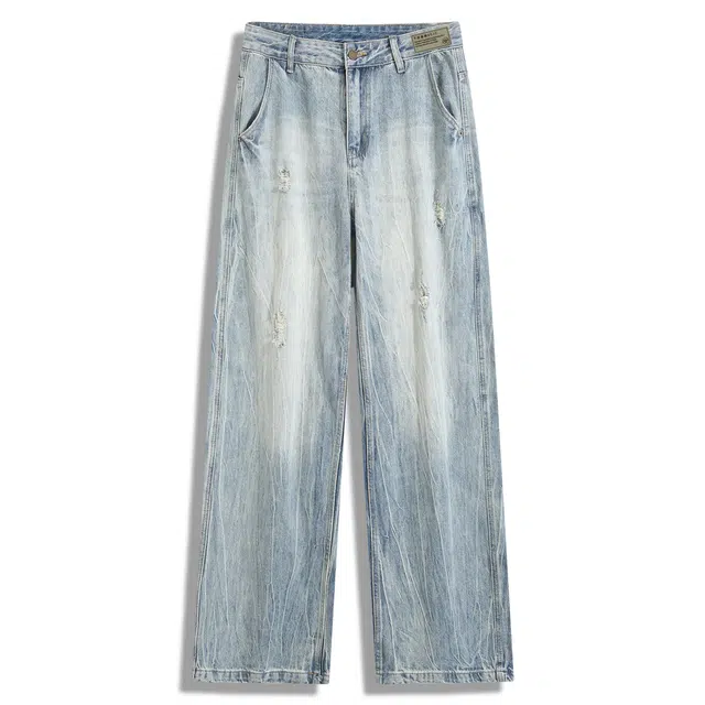 裂纹水洗磨破不规则破洞毛边下层基础 美式复古高街基础款满印小众设计高级感运动裤宽松百搭潮流痞帅直筒腿垂感拖地拉链牛仔裤 男女同款