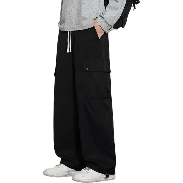 协协乐 高街机能风春秋季美式潮牌宽松阔腿拖地裤大口袋青少年抽绳痞帅百搭运动休闲长裤工装裤 男款