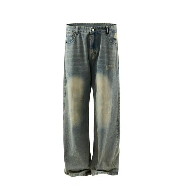敦煌博物馆 美式复古重磅水洗做旧渐变柔软垂感直筒阔腿显高显瘦长裤中腰系带学院风简约百搭休闲微弹微喇牛仔裤 男女同款
