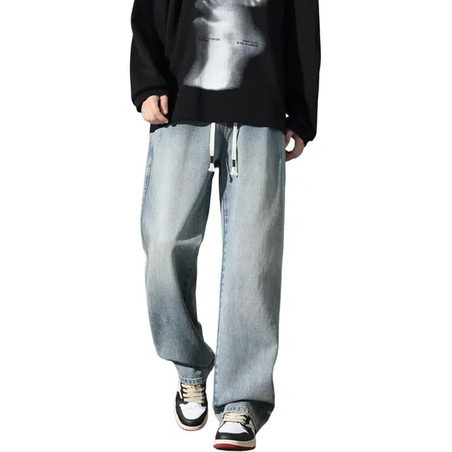 么宁 秋冬季简约百搭宽松直筒裤潮流时尚舒适透气耐穿耐磨个性帅气运动休闲牛仔裤 男女同款