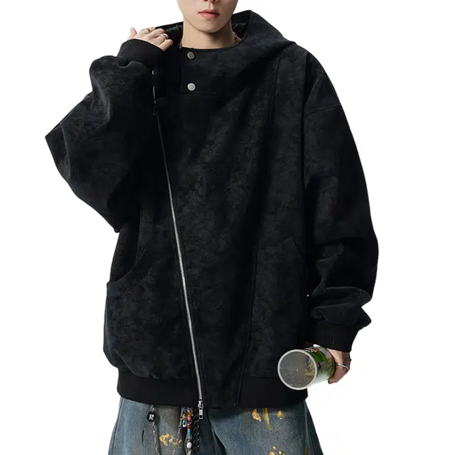 冈哉 美式复古扎染拼接斜拉链连帽开衫高级感休闲百搭宽松上衣潮流舒适日常穿搭飞行员夹克外套 男女同款