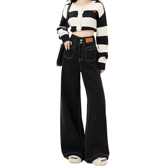 小卷要加油 黑色宽松直筒女秋季高腰显瘦小个子百搭窄版阔腿裤牛仔裤 女款