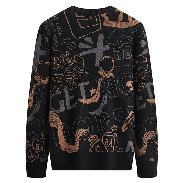 限定年品 与狼共舞 羊毛软糯亲肤时尚高街满印提花舒适圆领中长款针织毛衣 男款