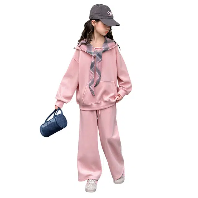 蓝彩何休闲运动套装 女童装春款时髦装中大儿童女孩蝴蝶结连帽外套春秋两件套