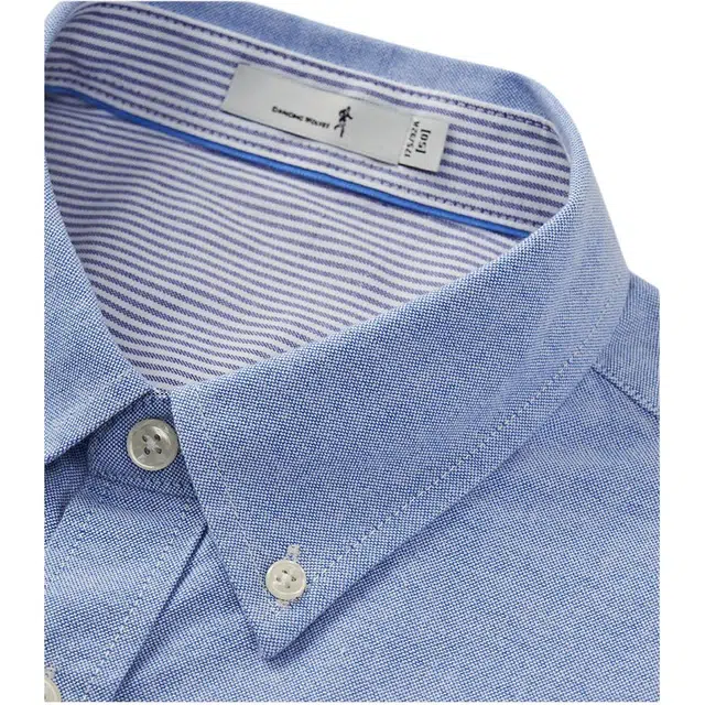 与狼共舞 纯棉纽扣翻领纯色商务休闲牛津纺长袖衬衫 男女同款 深蓝