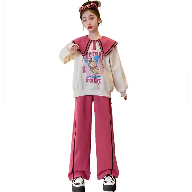 蓝彩何休闲运动套装 女大童春秋季时髦装女孩儿童网红洋气中秋款卫衣两件套