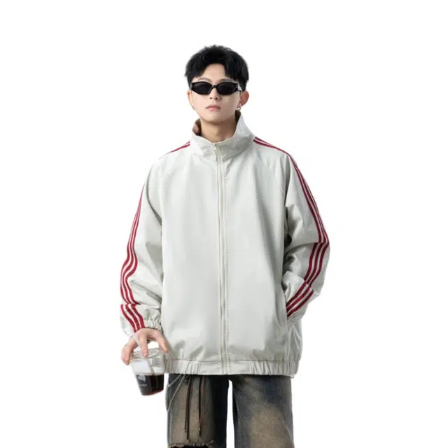 加荣 宽松防风立领男夹克青少年时尚春秋百搭小众长袖开衫秋男装美式潮流男士款运动风撞色三条纹设计拉链男外套 男女同款