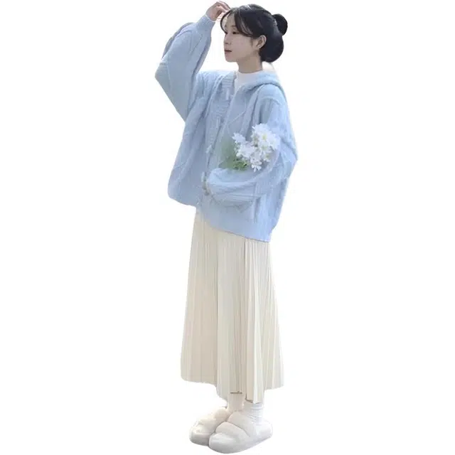 沐晓欣 早秋一整套法式奶系茶系穿搭小个子长袖连帽针织衫上衣连衣裙裙装套装 女款