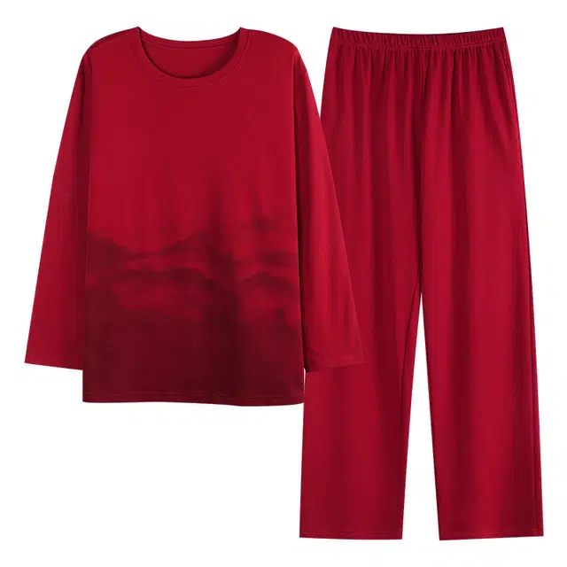 莫代尔 个性时尚百搭纯棉圆领套头慵懒喜庆长袖长裤家居服男士睡衣套装 男款