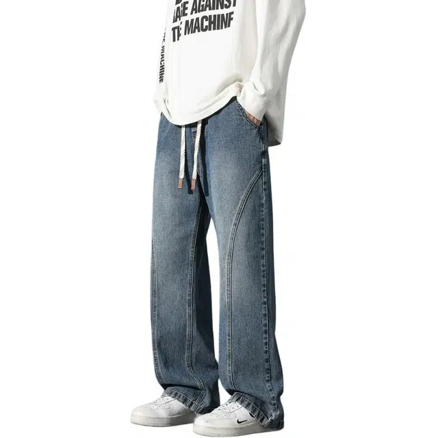 么宁 秋冬季美式复古拼接宽松直筒裤潮流时尚舒适透气个性痞帅休闲百搭牛仔裤 男女同款