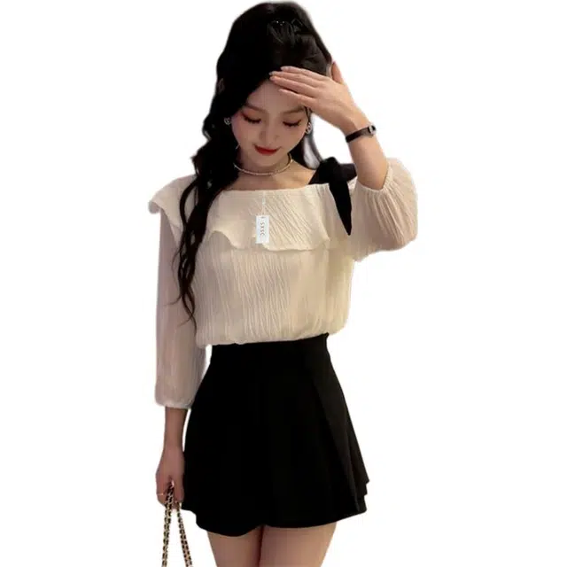 丝絮丝绸 秋季洋气露肩衬衫半身裙两件套小个子裙装套装 女款