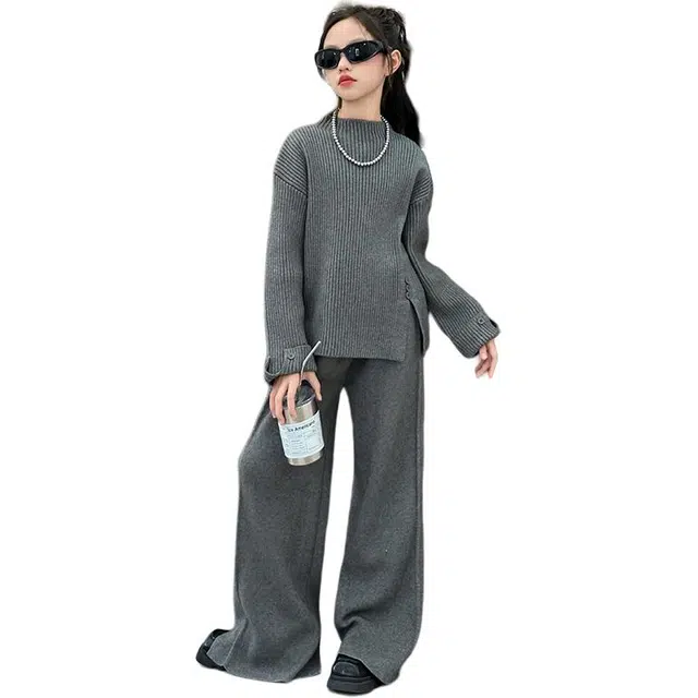 韩素伊休闲运动套装 女童秋装网红毛线衣儿童韩系穿搭阔腿裤装时髦针织衫 青少年