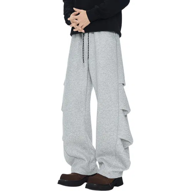 左岸 港风时尚帅气潮流反光插条褶皱高级感卫裤长裤宽松直筒阔腿裤柔软舒适轻便垂感弯刀裤春秋季休闲裤 男款