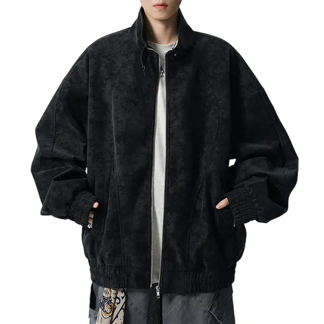 冈哉 美式潮流解构拼接扎染色立领设计复古水洗做旧高街百搭宽松美拉德高级感简约夹克外套 男女同款