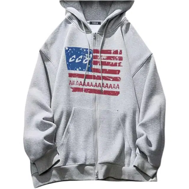 爱肯 趣味旗帜印花上衣美式复古街头嘻哈风高品质直筒遮肉显瘦日常通勤舒适亲肤防风保暖宽松百搭开衫卫衣 男女同款