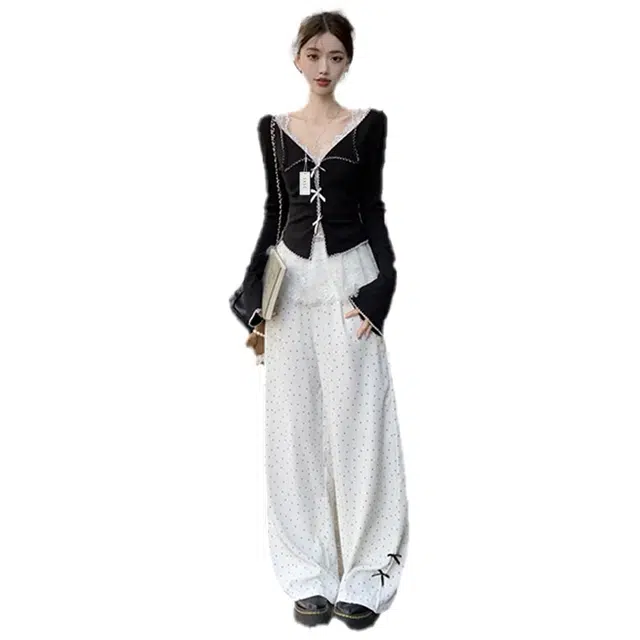 丝絮丝绸 秋季甜美长袖针织衫蕾丝吊带背心波点阔腿裤 休闲套装 女款